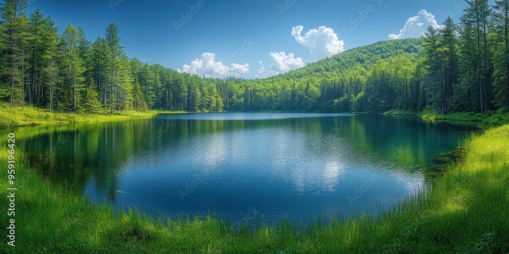 Fototapeta premium Serene Forest Lake with Blue Sky and Clouds Reflecting in the Water