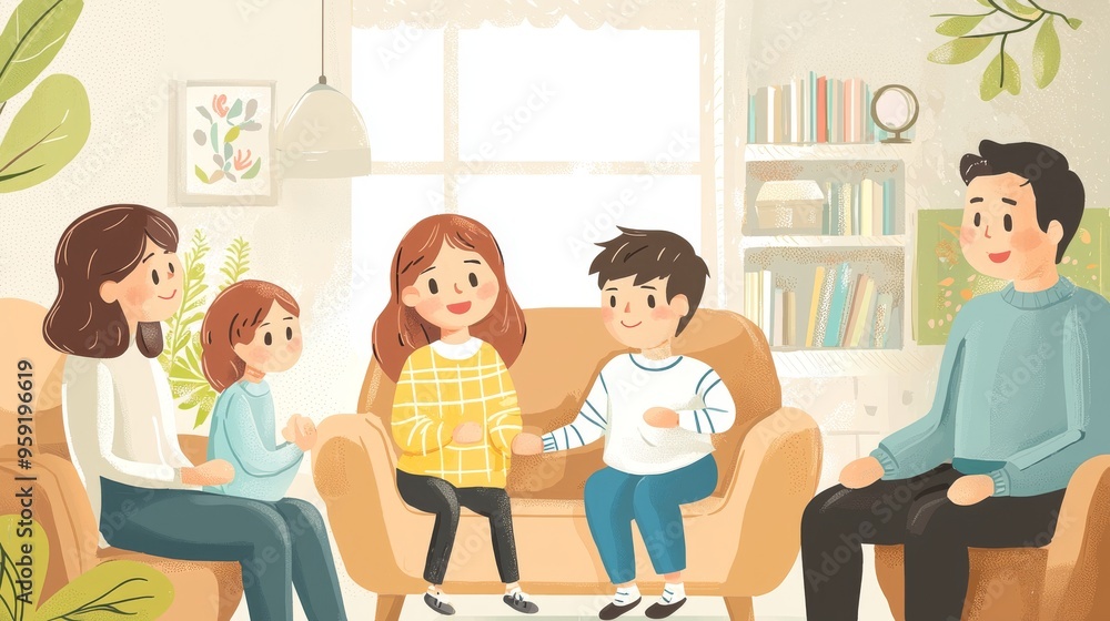 A joyful family scene where parents and children share laughter in a cozy living room filled with warmth and vibrant decor. A joyful family scene where parents and children share laughter in a cozy living room filled with warmth and vibrant decor.