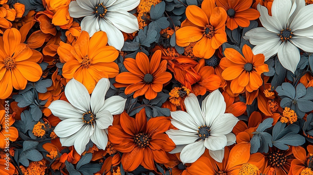 A close-up of vibrant orange, white, and blue flowers in the heart of the photo A close-up of vibrant orange, white, and blue flowers in the heart of the photo