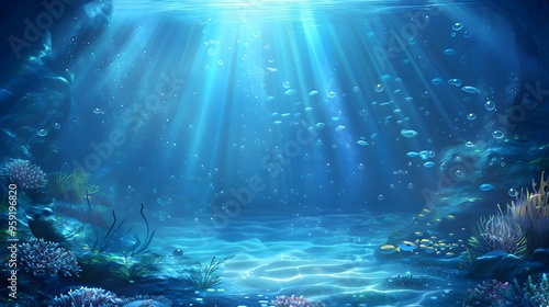 Beautiful blue ocean background with sunlight and undersea scene