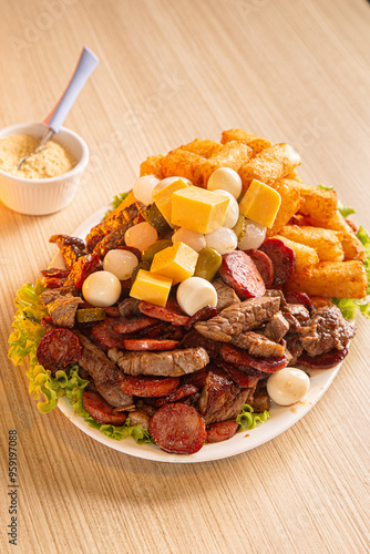 dish with onion, quail egg, pepperoni and cheese, meat
