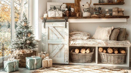   A spacious living room brimming with furnishings and festively adorned with a Christmas tree in the window photo