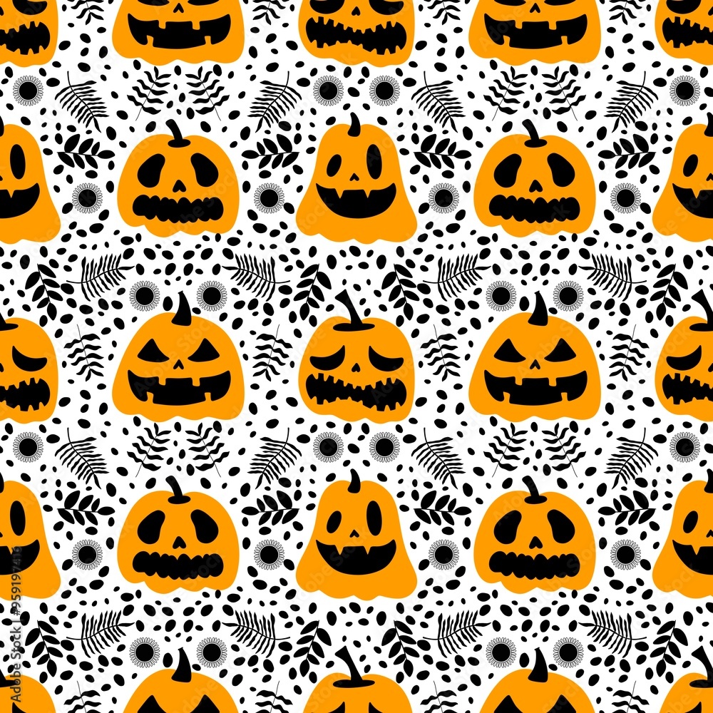 Obraz premium Halloween cute pumpkins seamless monsters pattern for wrapping paper and fabric