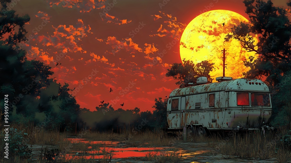 Abandoned Retro Camper Dramatic Sunset Serene Landscape Wild Nature Birds Abandoned Retro Camper Dramatic Sunset Serene Landscape Wild Nature Birds