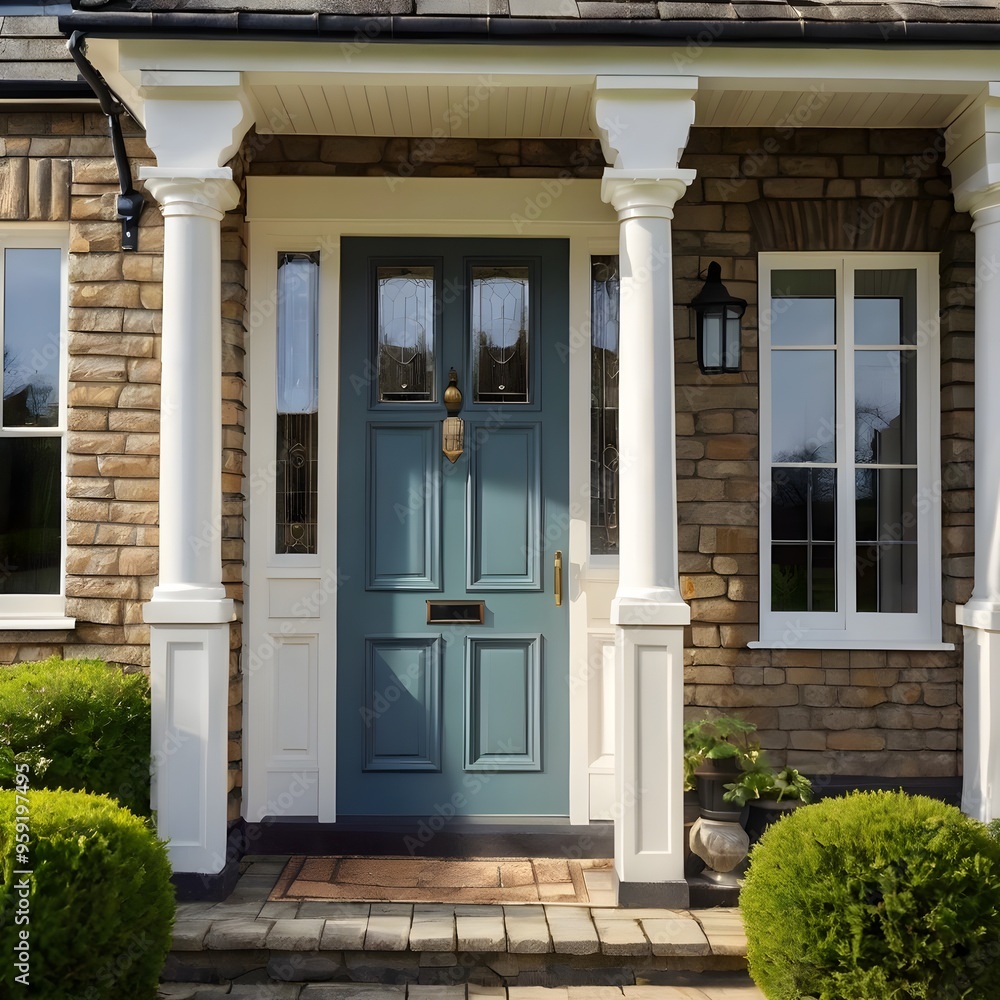 Main entrance door in house. Wooden front door with gabled porch and landing. Exterior of georgian style home cottage Main entrance door in house. Wooden front door with gabled porch and landing. Exterior of georgian style home cottage