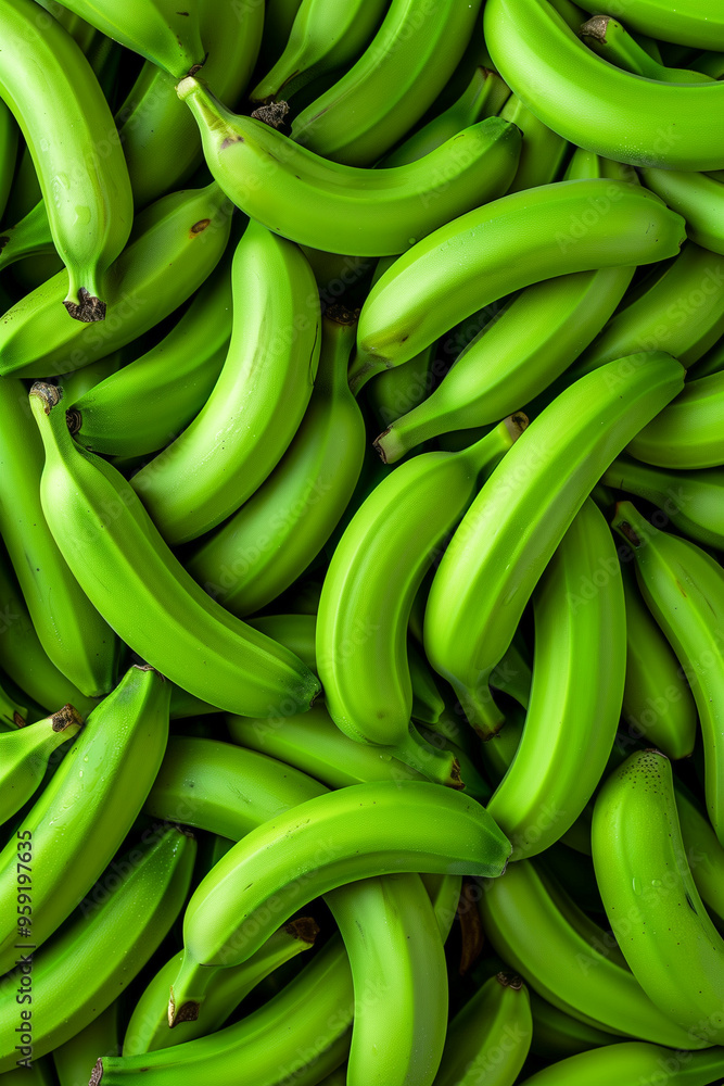A bunch of green bananas are piled on top of each other A bunch of green bananas are piled on top of each other