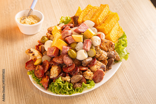 dish with onion, quail egg, pepperoni and cheese, meat
