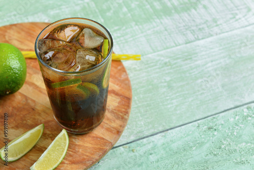 Photography Refreshing cuba libre cocktail with ice and lime slices on wooden board, summer