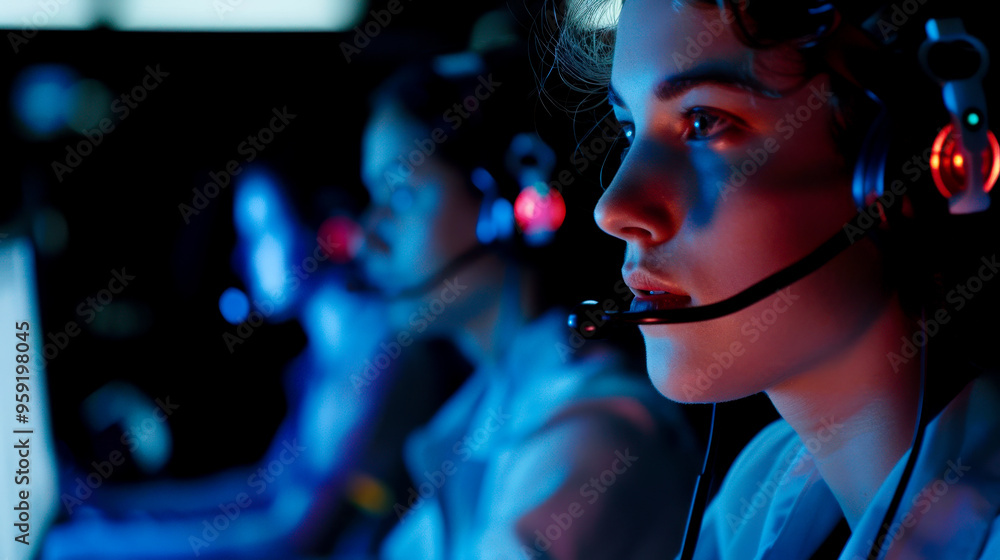 Call Center Agents Working with Headsets. group of focused call center agents wearing headsets, engaged in conversations, emphasizing teamwork, communication, customer service in dimly lit environment Call Center Agents Working with Headsets. group of focused call center agents wearing headsets, engaged in conversations, emphasizing teamwork, communication, customer service in dimly lit environment