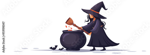 Cauldron with a witch stirring potion on a white background. Vector flat isolated.