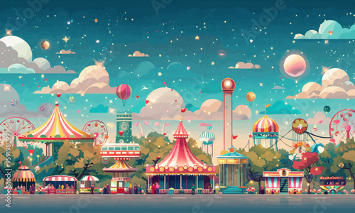 A flat vector of a carnival with rides.