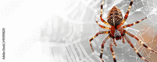 Spider hanging from a web on a white background. Vector flat isolated.