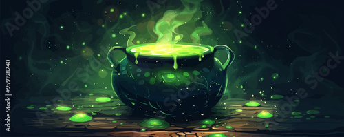 Cauldron bubbling with green potion. Vector flat isolated.