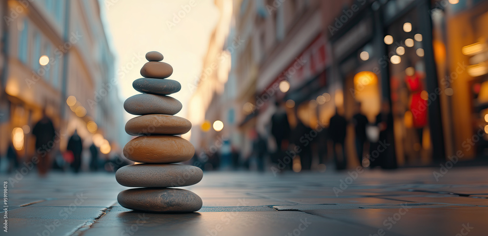 Obraz premium Balanced Stone Tower City Background - Space for Text 