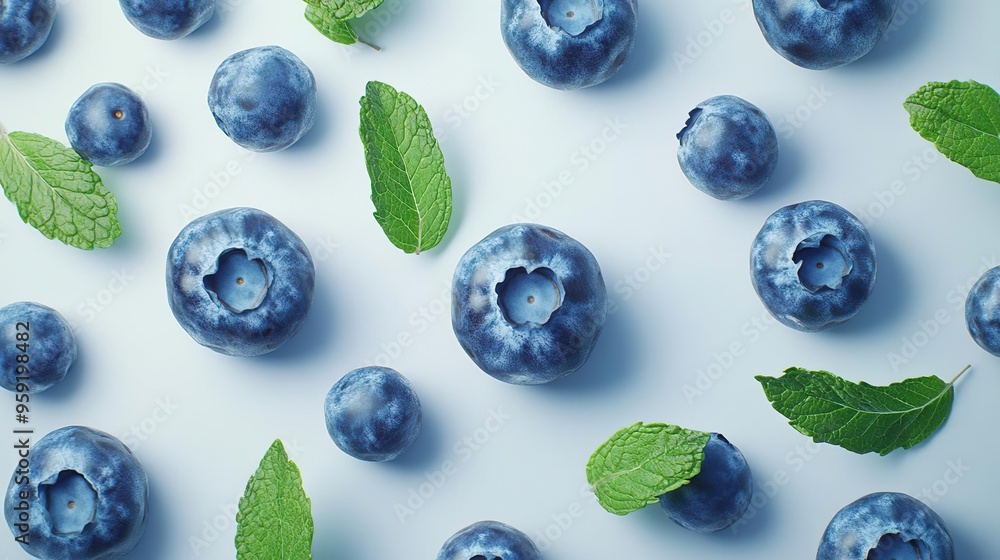 A visually appealing arrangement of blueberries and mint leaves on a light background. A visually appealing arrangement of blueberries and mint leaves on a light background.
