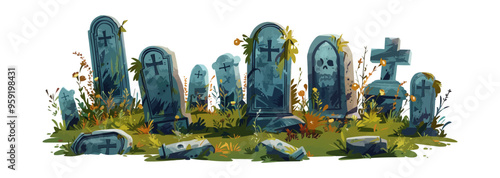 Graveyard with multiple tombstones on a white background. Vector flat isolated.