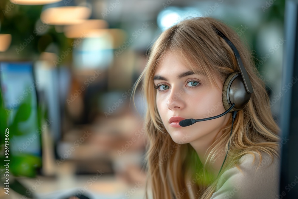 A young woman looks stressed while working at her desk in a modern office environment during a busy workday A young woman looks stressed while working at her desk in a modern office environment during a busy workday