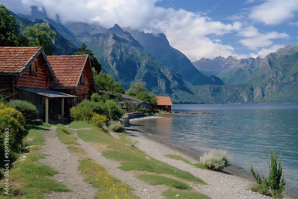 Fototapeta premium Cozy cabins line the tranquil lake's edge, framed by majestic mountains and vibrant wildflowers under a clear blue sky.