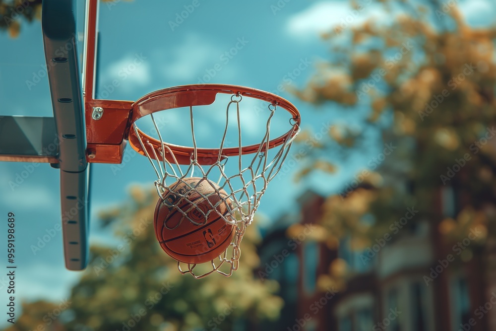 Basketball swishes through the net during an afternoon game in a vibrant city park with trees in the background Basketball swishes through the net during an afternoon game in a vibrant city park with trees in the background