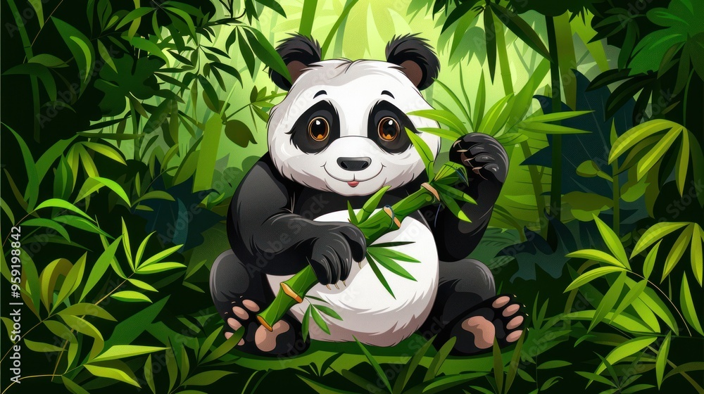 Obraz premium Endearing panda with bamboo, surrounded by verdant bushes. The black and white bear's peaceful demeanor captures the essence of its natural forest habitat.