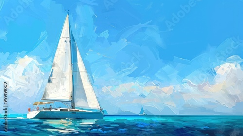 Picture of a sailboat in the ocean with blue sky and white clouds.