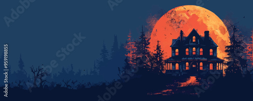 Haunted house with a moon behind. Vector flat isolated.