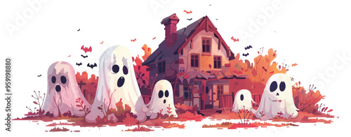 Haunted house with ghostly figures on a white background. Vector flat isolated.