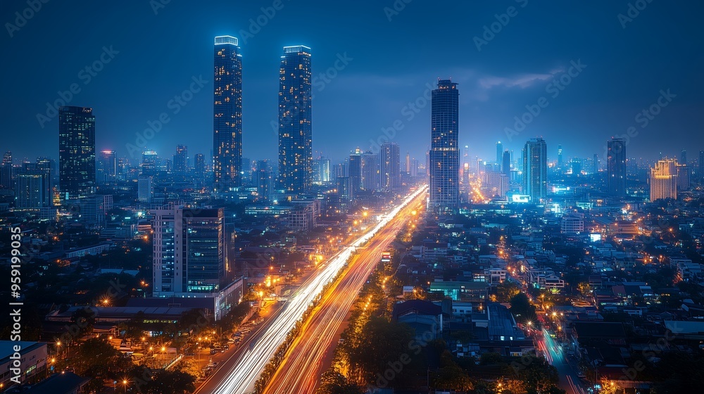Fototapeta premium City skyline at night with illuminated skyscrapers and busy traffic in a bustling urban environment