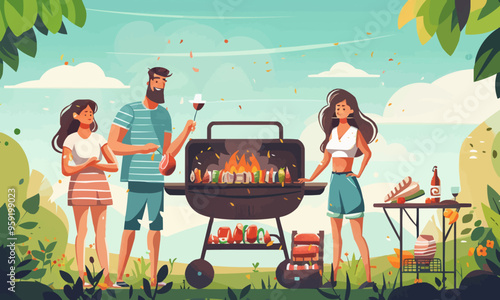 A flat vector of a family barbecue.