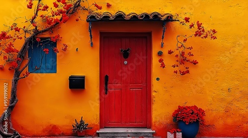   A red door on a yellow wall with a red-flowered planter nearby