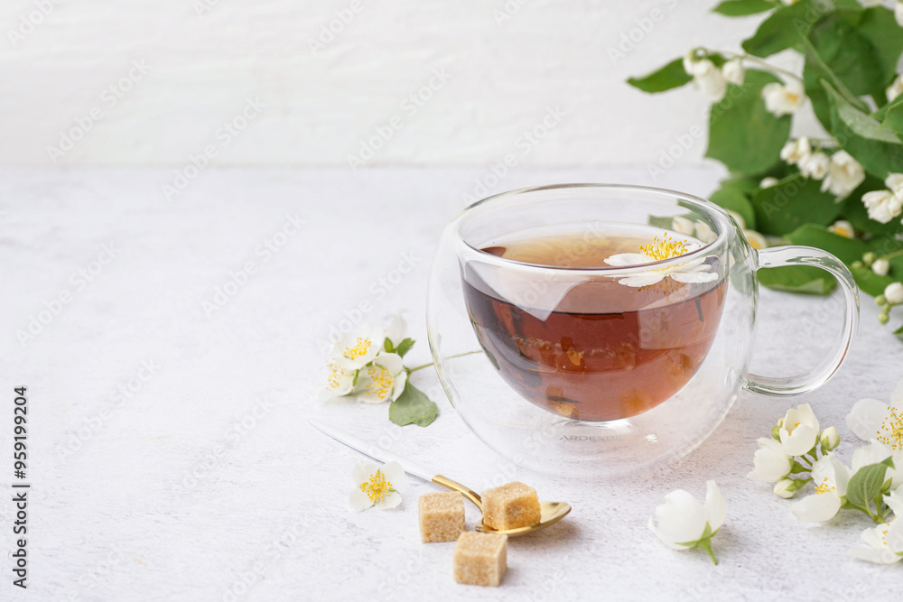 Glass cup of tea, sugar and beautiful jasmine flowers on light background Glass cup of tea, sugar and beautiful jasmine flowers on light background