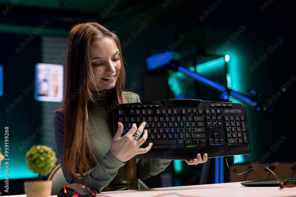 Joyous girl reviews RGB lit keyboard from sponsor for online streaming channel in apartment. Smiling media star excited to promote gaming computer peripherals brand in neon lit studio Joyous girl reviews RGB lit keyboard from sponsor for online streaming channel in apartment. Smiling media star excited to promote gaming computer peripherals brand in neon lit studio