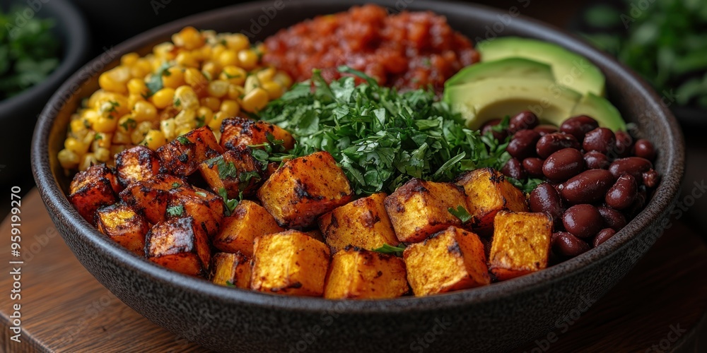 Bowl of Roasted Sweet Potato, Corn, Black Beans, Avocado, and Salsa Bowl of Roasted Sweet Potato, Corn, Black Beans, Avocado, and Salsa