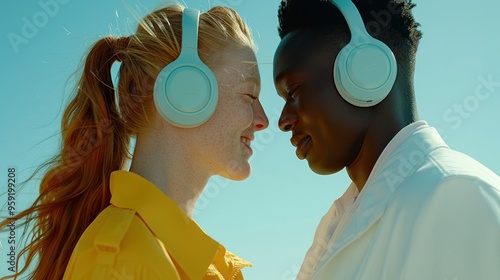 Young dark-skinned man and woman with red hair with headphones smiling happily together against turquoise background, enjoying music and sharing a joyful moment indoors.