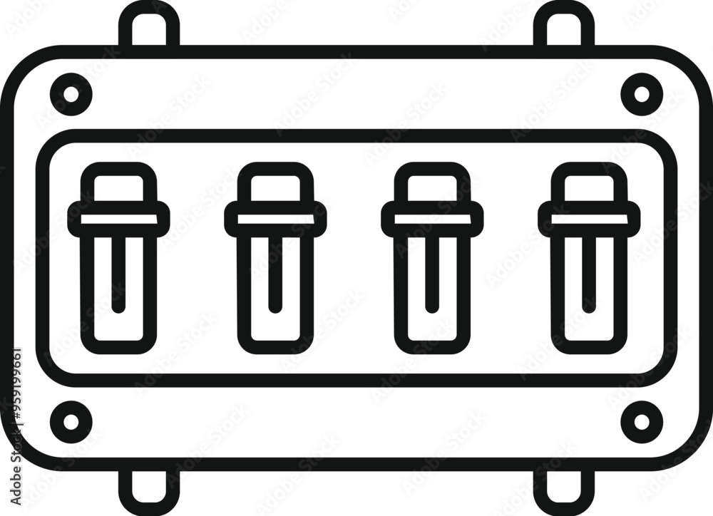 Line drawing of four electric fuses inside a fuse box, helping to prevent overloads and short circuits Line drawing of four electric fuses inside a fuse box, helping to prevent overloads and short circuits