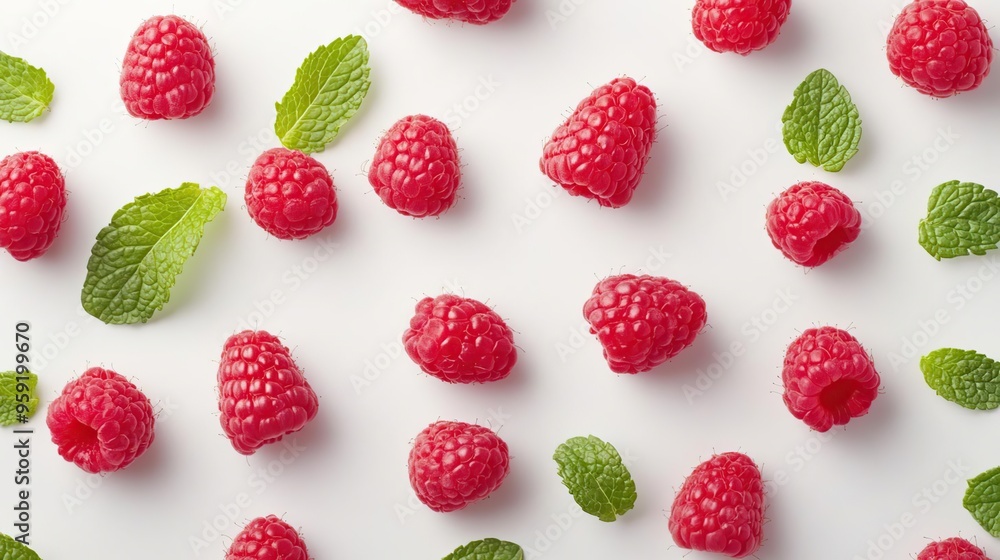 A visually appealing arrangement of raspberries and mint leaves on a white background. A visually appealing arrangement of raspberries and mint leaves on a white background.