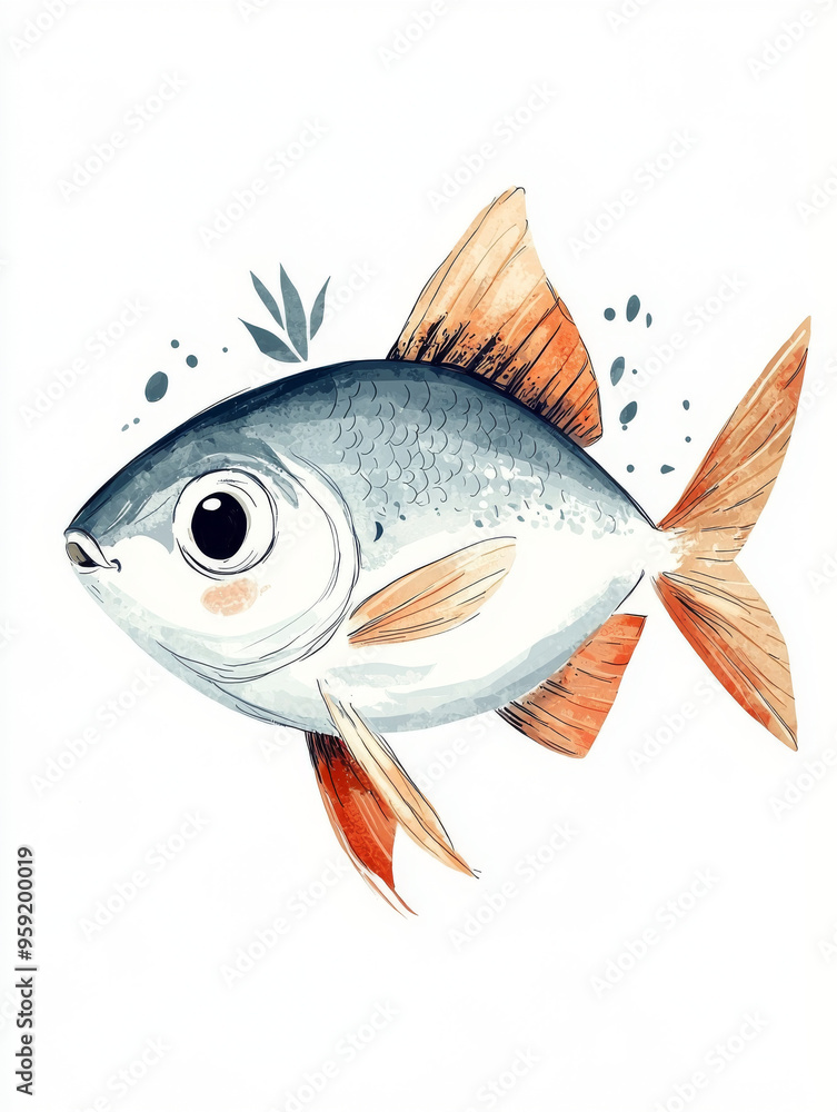 Obraz premium Watercolor illustration of a cute fish with orange fins. Perfect for kids' books or marine-themed designs.