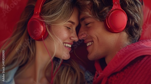 Attractive man and woman with red headphones smiling happily against red background capturing a moment of happiness and relaxation.