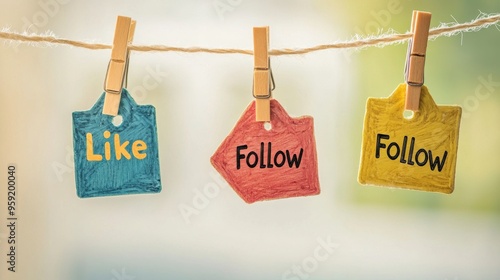 Engaging Call to Action: Like and Follow Tags Hanging to Encourage Social Media Interaction and Engagement Online Today!
