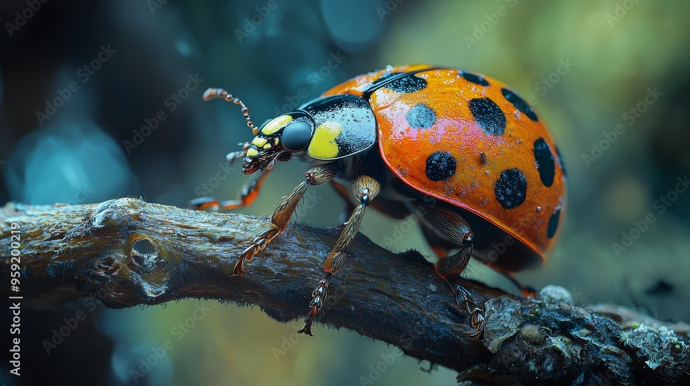 A Vibrant Close-Up of a Colorful Ladybug Crawling on a Twisted Branch in Nature's Lush Environment A Vibrant Close-Up of a Colorful Ladybug Crawling on a Twisted Branch in Nature's Lush Environment