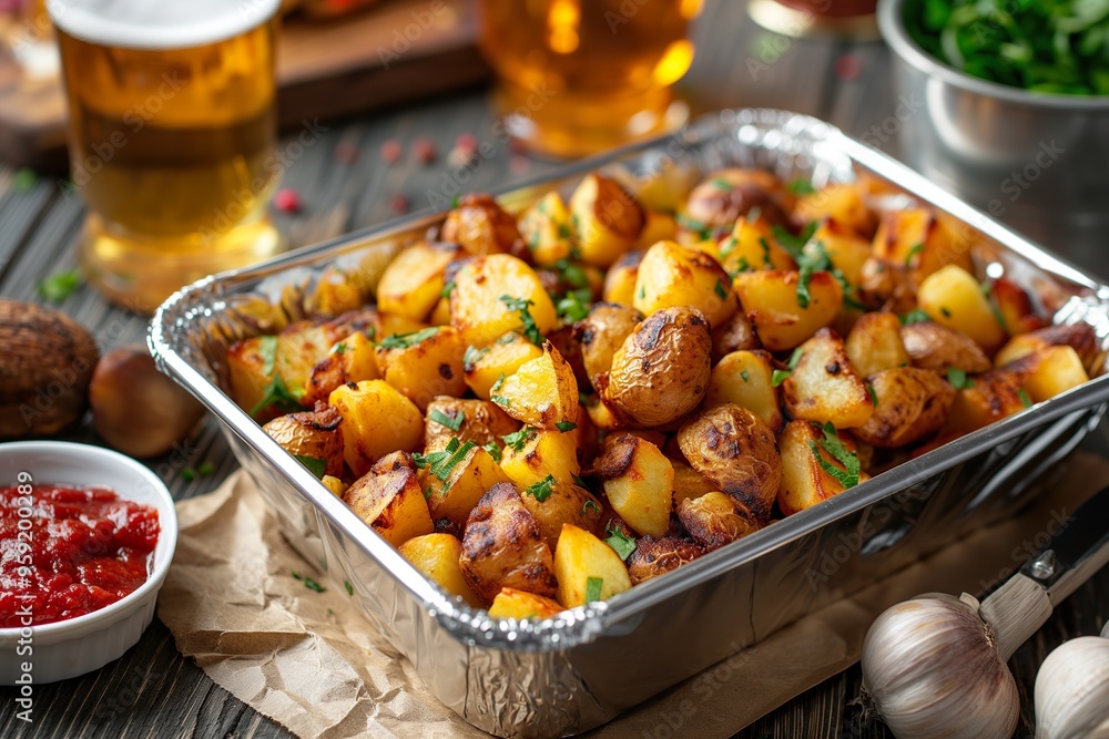 Delicious roasted potatoes in a tin foil container ready to be served at a cozy gathering with drinks and garnishes Delicious roasted potatoes in a tin foil container ready to be served at a cozy gathering with drinks and garnishes