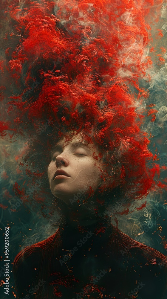 A young woman with her eyes closed, surrounded by a swirling red mist. A young woman with her eyes closed, surrounded by a swirling red mist.