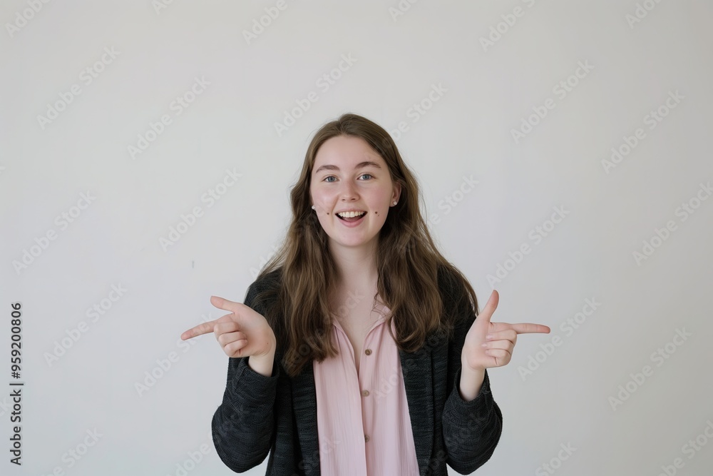 A young woman smiles and points with both hands in a bright, white room. A young woman smiles and points with both hands in a bright, white room.