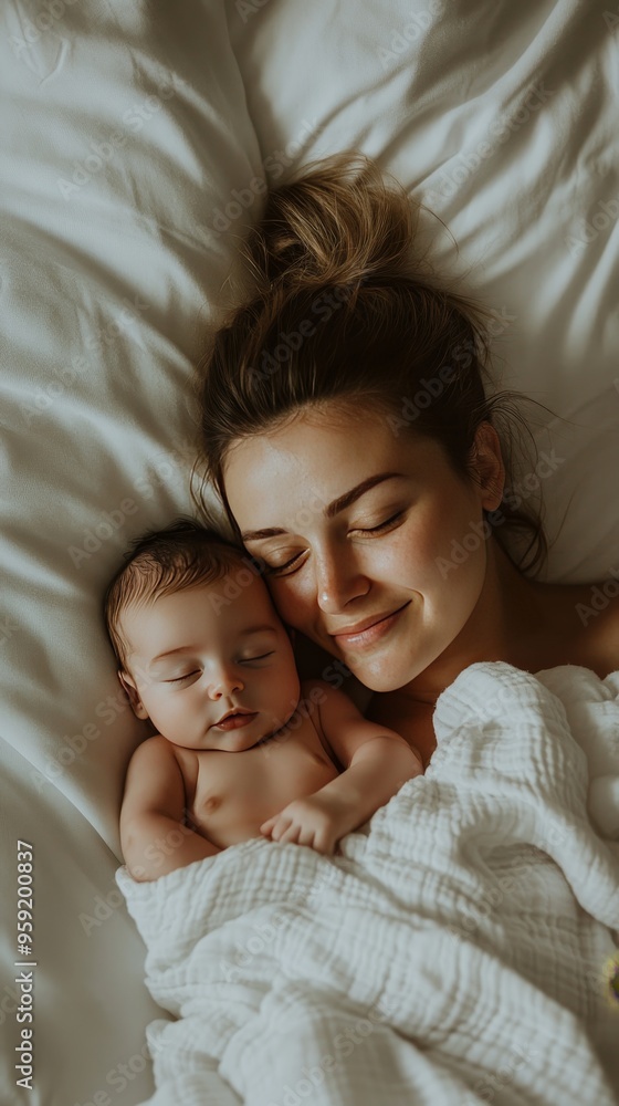 A woman is holding a baby in bed A woman is holding a baby in bed