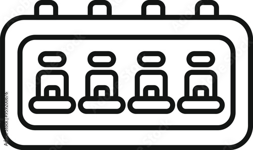 Simple icon of an airplane cabin interior, showing a row of four seats and windows, perfect for travel and aviation related designs
