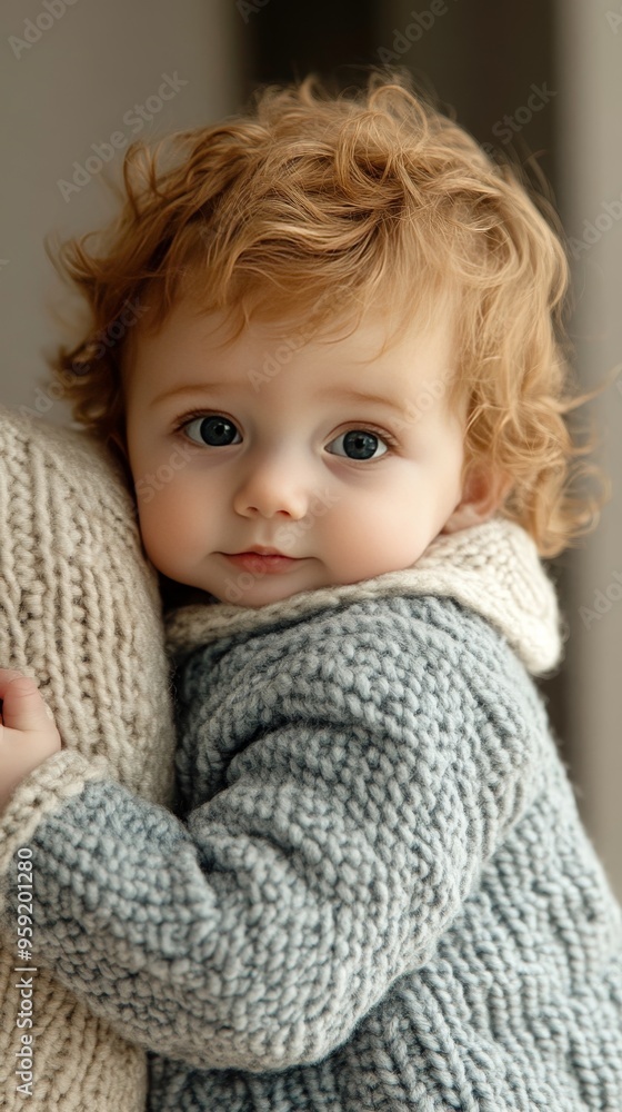 A baby wearing a blue sweater and holding a pillow A baby wearing a blue sweater and holding a pillow