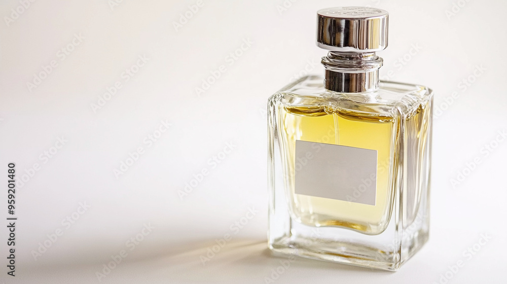 bottle of perfume with blank sticker isolated on white background bottle of perfume with blank sticker isolated on white background