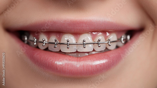 close up of Metal braces on teeth 