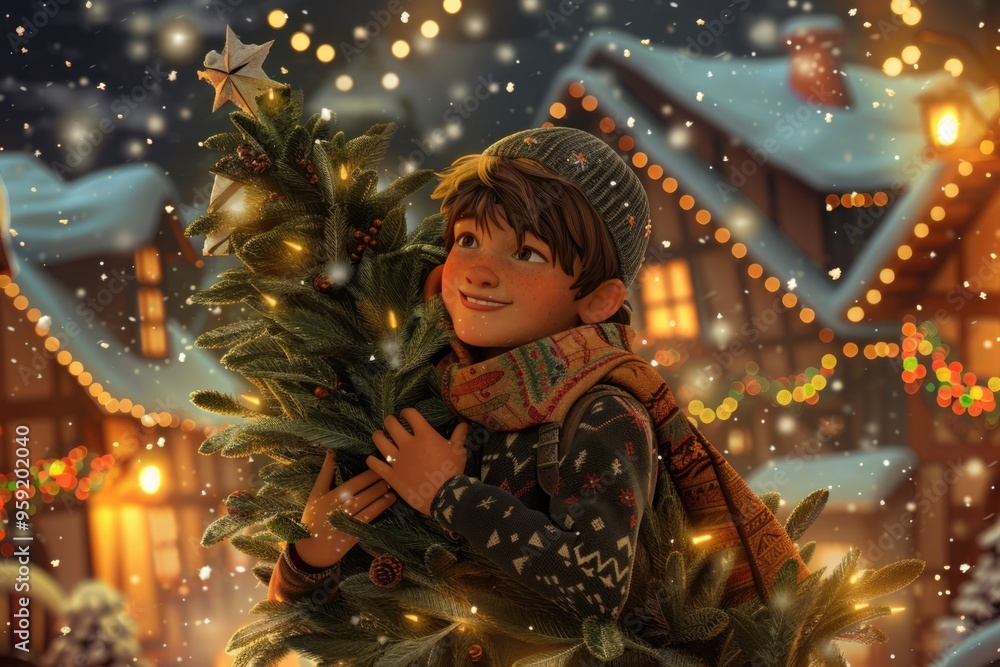 Joyful child embracing christmas tree in snowy festive village scene AI Joyful child embracing christmas tree in snowy festive village scene AI