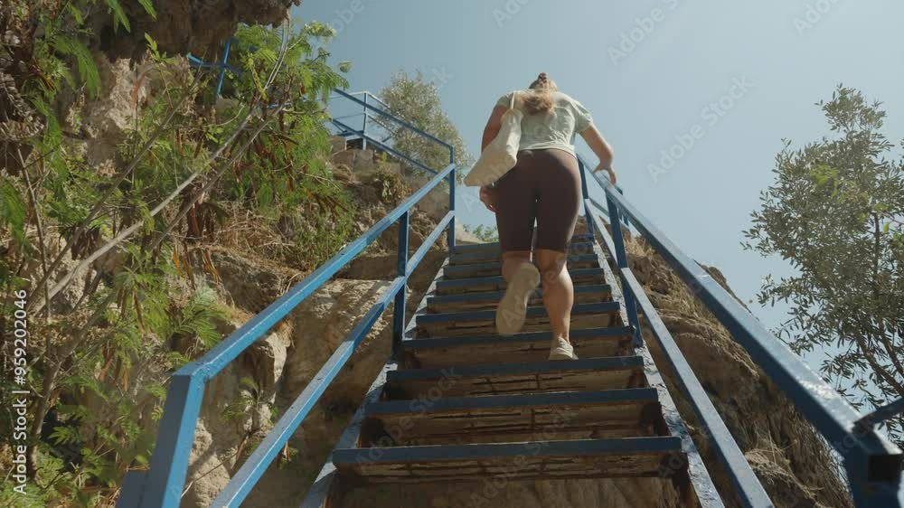 Low Angle, Woman Climbing Steep Metal Stairs, Gripping Blue Railings, Rocky Terrain and Trees in the Background, Sunlight Shining. Low Angle, Woman Climbing Steep Metal Stairs, Gripping Blue Railings, Rocky Terrain and Trees in the Background, Sunlight Shining.